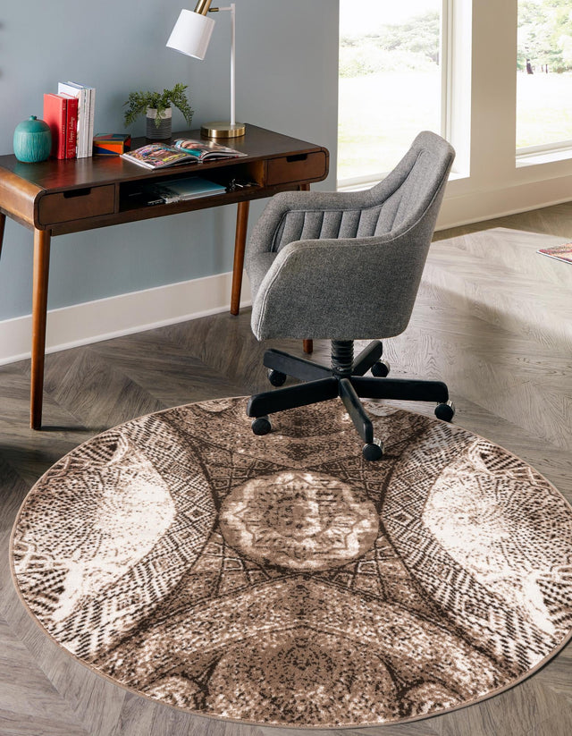 Brown 7' 1 x 7' 1 Sofia Round Area Rug Durable Easy Clean Stain Resistant Unique Carpet for Affordable Interior Home Design for Sale at Rug Engine