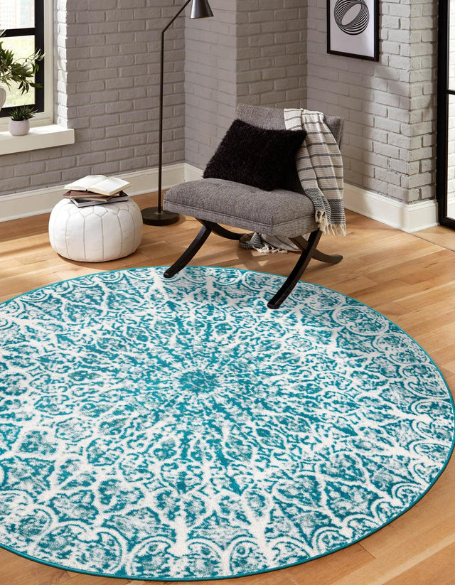 Turquoise 7' 1 x 7' 1 Sofia Round Area Rug Durable Easy Clean Stain Resistant Unique Carpet for Affordable Interior Home Design for Sale at Rug Engine