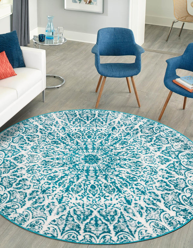 Turquoise 7' 1 x 7' 1 Sofia Round Area Rug Durable Easy Clean Stain Resistant Unique Carpet for Affordable Interior Home Design for Sale at Rug Engine