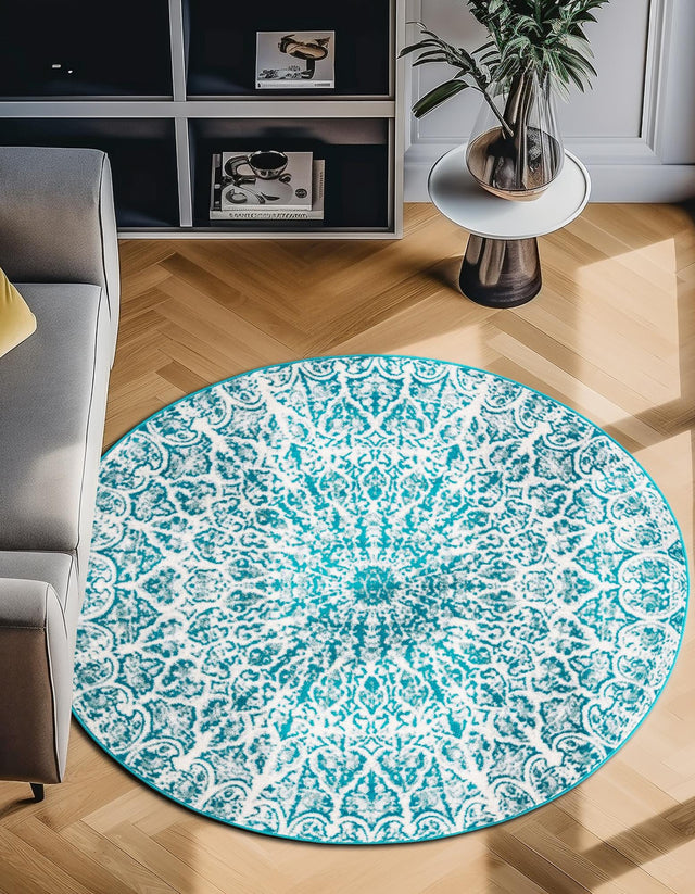 Turquoise 5' 3 x 5' 3 Sofia Round Area Rug Durable Easy Clean Stain Resistant Unique Carpet for Affordable Interior Home Design for Sale at Rug Engine