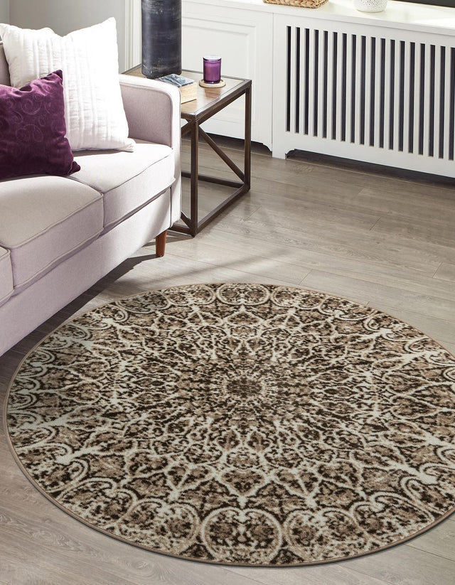 Brown 5' 3 x 5' 3 Sofia Round Area Rug Durable Easy Clean Stain Resistant Unique Carpet for Affordable Interior Home Design for Sale at Rug Engine