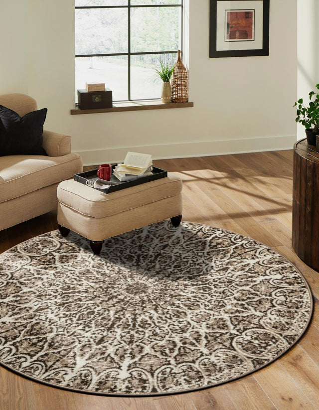 Brown 5' 3 x 5' 3 Sofia Round Area Rug Durable Easy Clean Stain Resistant Unique Carpet for Affordable Interior Home Design for Sale at Rug Engine