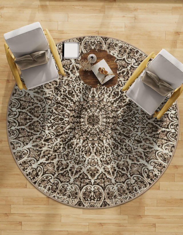 Brown 7' 1 x 7' 1 Sofia Round Area Rug Durable Easy Clean Stain Resistant Unique Carpet for Affordable Interior Home Design for Sale at Rug Engine