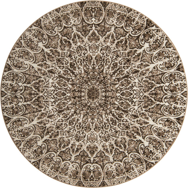 Brown 7' 1 x 7' 1 Sofia Round Area Rug Durable Easy Clean Stain Resistant Unique Carpet for Affordable Interior Home Design for Sale at Rug Engine