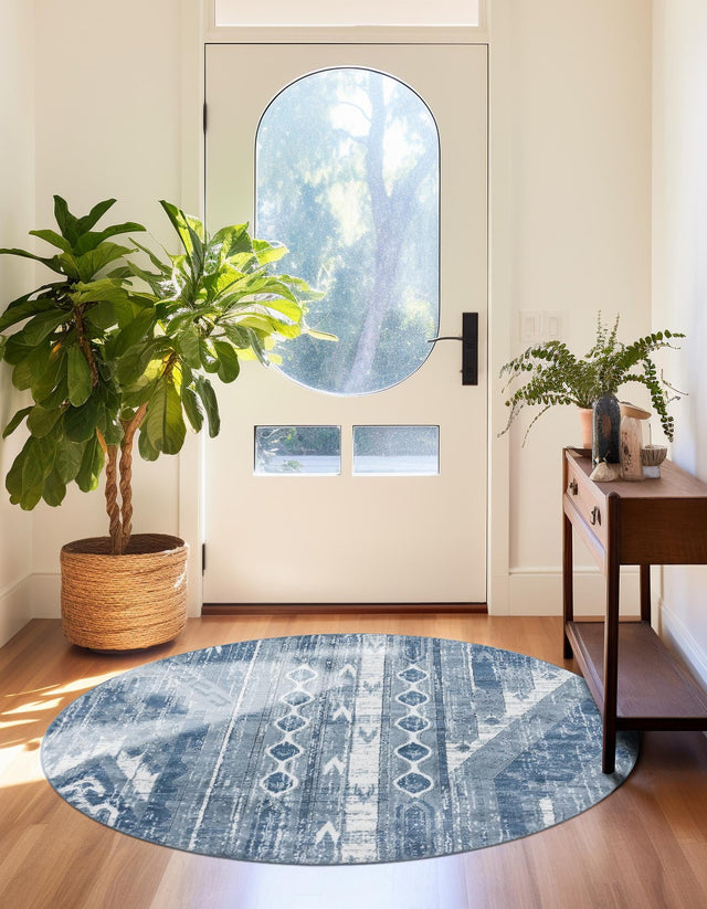 Blue Gray 7' 1 x 7' 1 Portland Round Area Rug 85% Polypropylene & 15% Polyester Vintage Distressed Traditional Carpet for Home Decor for Sale at Rug Engine