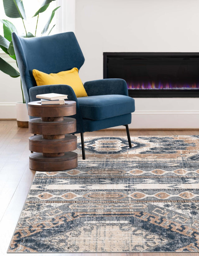 Navy Blue 7' 1 x 10' Portland Rectangle Area Rug 85% Polypropylene & 15% Polyester Vintage Distressed Traditional Carpet for Home Decor for Sale at Rug Engine