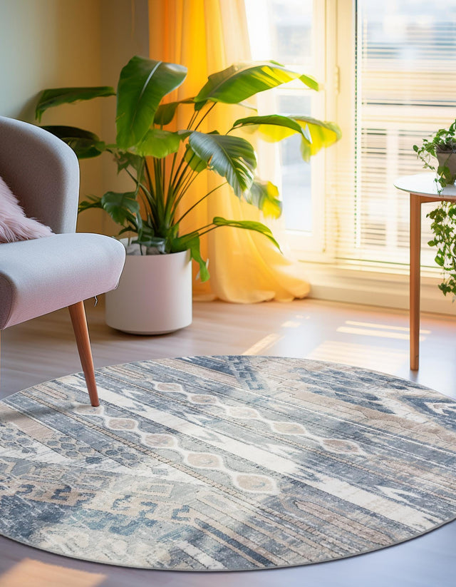 Navy Blue 5' 3 x 5' 3 Portland Round Area Rug 85% Polypropylene & 15% Polyester Vintage Distressed Traditional Carpet for Home Decor for Sale at Rug Engine