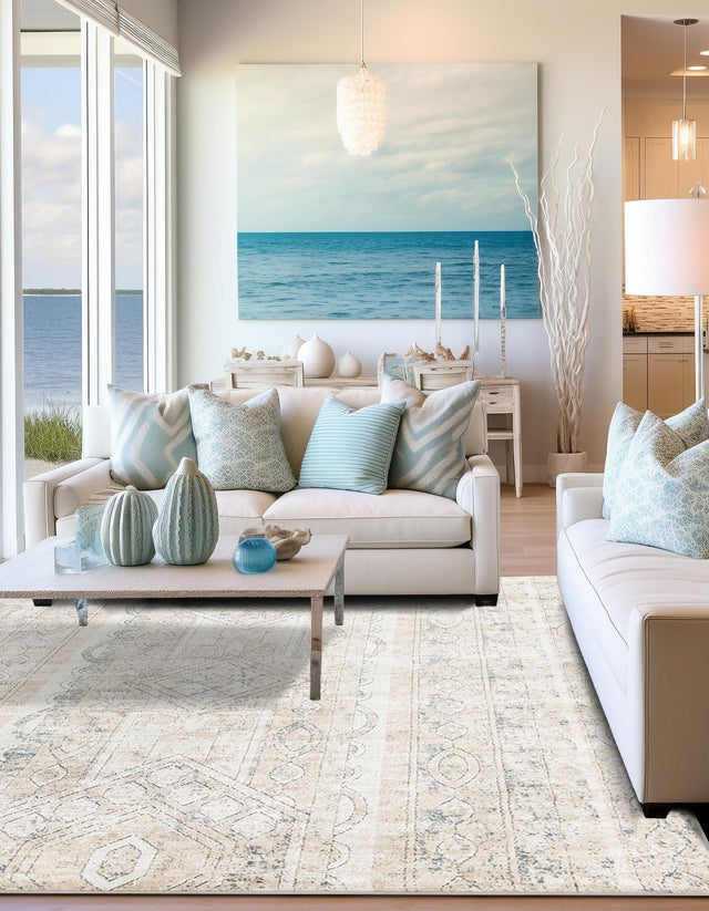 Ivory 7' 10 x 7' 10 Portland Square Area Rug 85% Polypropylene & 15% Polyester Vintage Distressed Traditional Carpet for Home Decor for Sale at Rug Engine