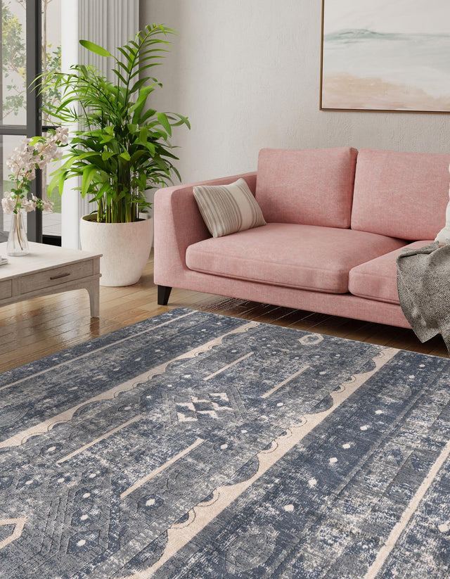 Blue 7' 10 x 7' 10 Portland Square Area Rug 85% Polypropylene & 15% Polyester Vintage Distressed Traditional Carpet for Home Decor for Sale at Rug Engine