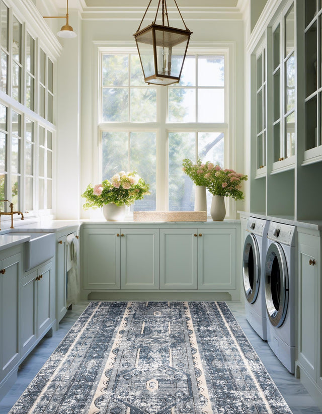 Blue 4' 1 x 6' 1 Portland Rectangle Area Rug 85% Polypropylene & 15% Polyester Vintage Distressed Traditional Carpet for Home Decor for Sale at Rug Engine