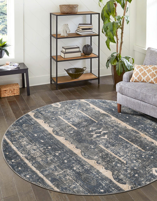 Blue 7' 1 x 7' 1 Portland Round Area Rug 85% Polypropylene & 15% Polyester Vintage Distressed Traditional Carpet for Home Decor for Sale at Rug Engine