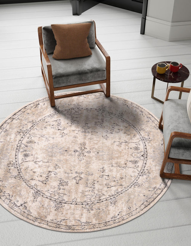 Ivory 6' 1 x 6' 1 Portland Round Area Rug 85% Polypropylene & 15% Polyester Vintage Distressed Traditional Carpet for Home Decor for Sale at Rug Engine
