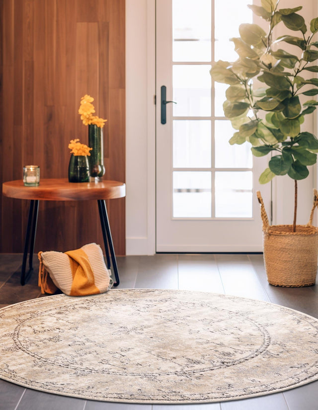 Ivory 3' 1 x 3' 1 Portland Round Area Rug 85% Polypropylene & 15% Polyester Vintage Distressed Traditional Carpet for Home Decor for Sale at Rug Engine