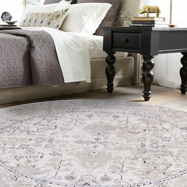 Ivory 7' 10 x 7' 10 Portland Round Area Rug 85% Polypropylene & 15% Polyester Vintage Distressed Traditional Carpet for Home Decor for Sale at Rug Engine