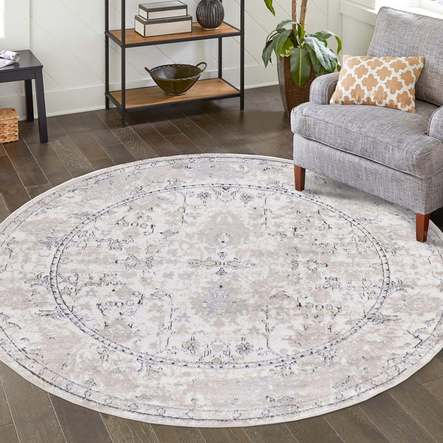 Ivory 7' 10 x 7' 10 Portland Round Area Rug 85% Polypropylene & 15% Polyester Vintage Distressed Traditional Carpet for Home Decor for Sale at Rug Engine