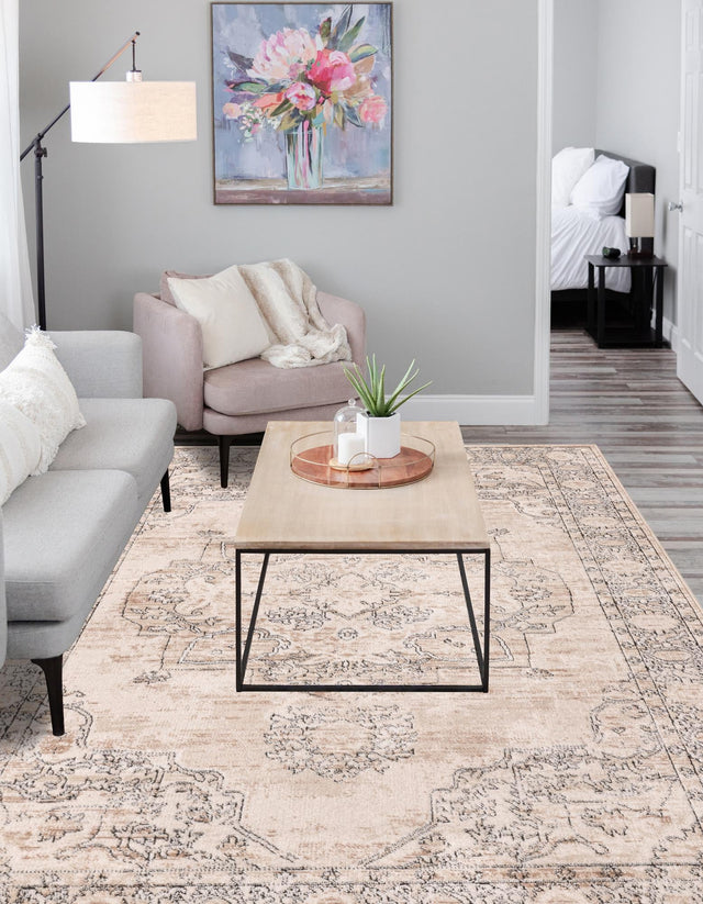 Ivory 9' x 12' Portland Rectangle Area Rug 85% Polypropylene & 15% Polyester Vintage Distressed Traditional Carpet for Home Decor for Sale at Rug Engine