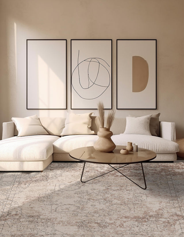 Ivory 7' 10 x 7' 10 Portland Square Area Rug 85% Polypropylene & 15% Polyester Vintage Distressed Traditional Carpet for Home Decor for Sale at Rug Engine