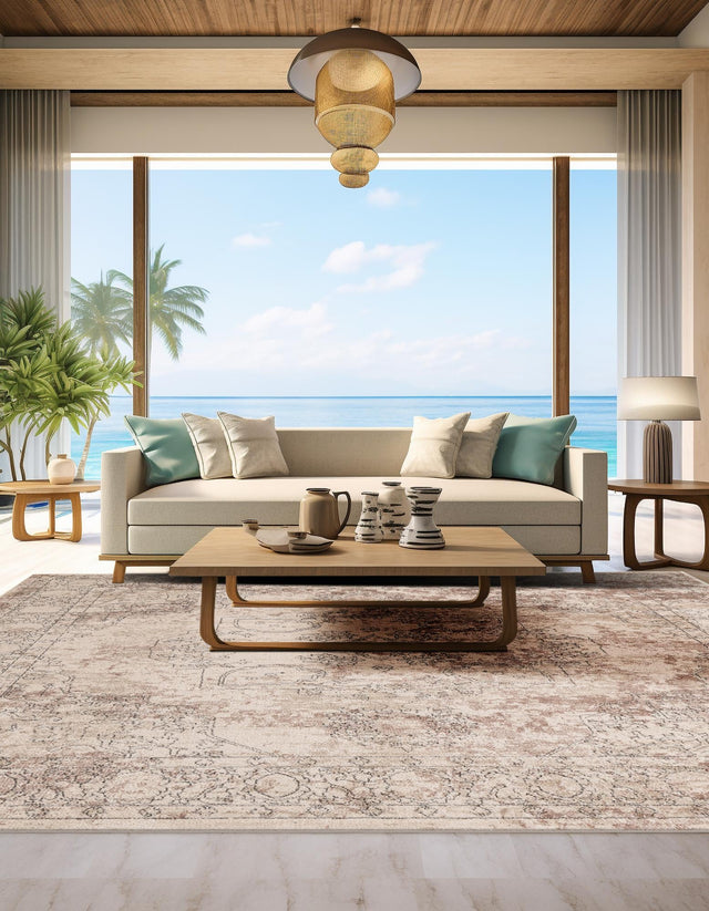 Ivory 7' 10 x 7' 10 Portland Square Area Rug 85% Polypropylene & 15% Polyester Vintage Distressed Traditional Carpet for Home Decor for Sale at Rug Engine