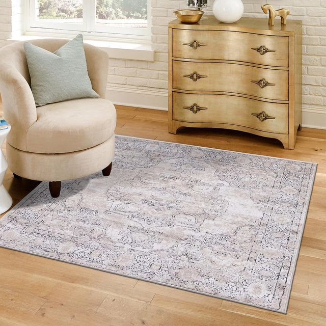 Ivory 5' 3 x 5' 3 Portland Square Area Rug 85% Polypropylene & 15% Polyester Vintage Distressed Traditional Carpet for Home Decor for Sale at Rug Engine
