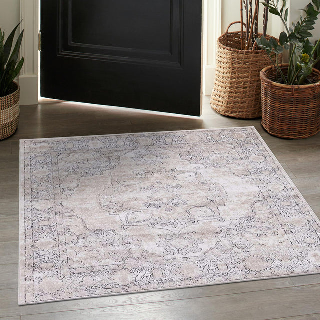 Ivory 5' 3 x 5' 3 Portland Square Area Rug 85% Polypropylene & 15% Polyester Vintage Distressed Traditional Carpet for Home Decor for Sale at Rug Engine