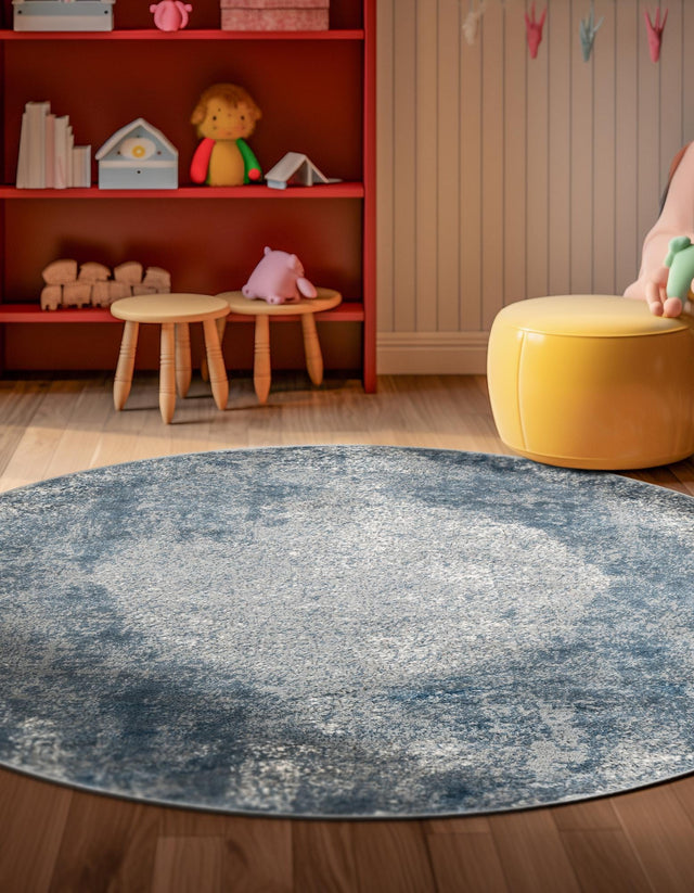 Blue 7' 1 x 7' 1 Portland Round Area Rug 85% Polypropylene & 15% Polyester Vintage Distressed Traditional Carpet for Home Decor for Sale at Rug Engine