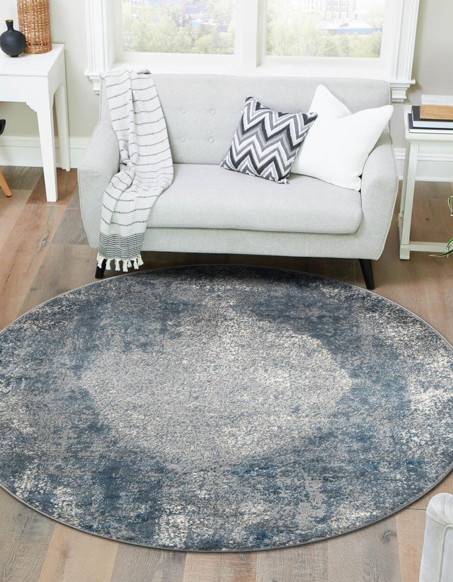 Blue 7' 1 x 7' 1 Portland Round Area Rug 85% Polypropylene & 15% Polyester Vintage Distressed Traditional Carpet for Home Decor for Sale at Rug Engine
