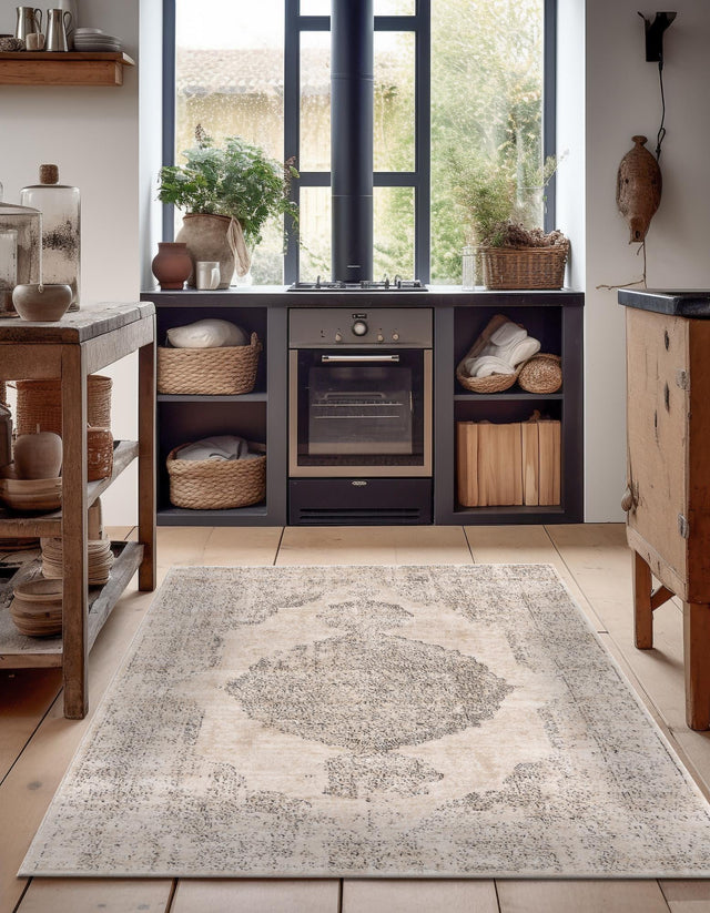 Ivory 9' x 12' Portland Rectangle Area Rug 85% Polypropylene & 15% Polyester Vintage Distressed Traditional Carpet for Home Decor for Sale at Rug Engine