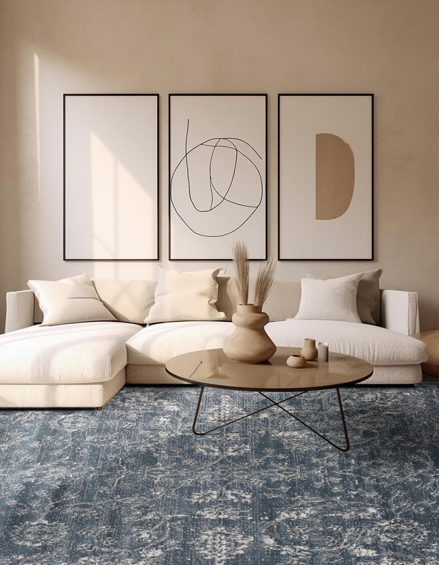 Blue 10' x 10' Portland Square Area Rug 85% Polypropylene & 15% Polyester Vintage Distressed Traditional Carpet for Home Decor for Sale at Rug Engine