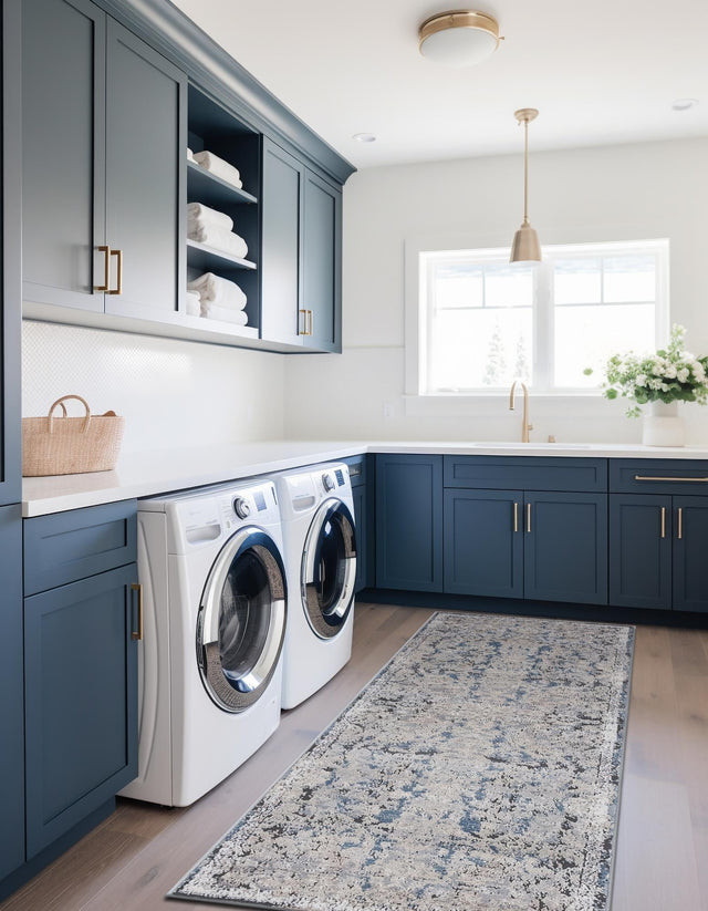 Navy Blue 2' 7 x 12' Portland Runner Area Rug 85% Polypropylene & 15% Polyester Vintage Distressed Traditional Carpet for Home Decor for Sale at Rug Engine