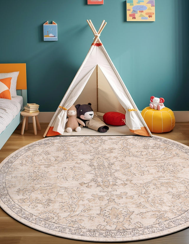 Ivory 5' 3 x 5' 3 Portland Round Area Rug 85% Polypropylene & 15% Polyester Vintage Distressed Traditional Carpet for Home Decor for Sale at Rug Engine