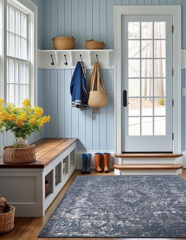 Blue 5' 3 x 5' 3 Portland Square Area Rug 85% Polypropylene & 15% Polyester Vintage Distressed Traditional Carpet for Home Decor for Sale at Rug Engine