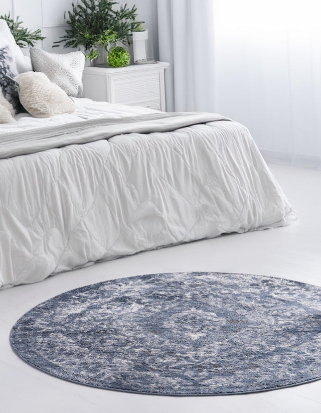Blue 7' 1 x 7' 1 Portland Round Area Rug 85% Polypropylene & 15% Polyester Vintage Distressed Traditional Carpet for Home Decor for Sale at Rug Engine