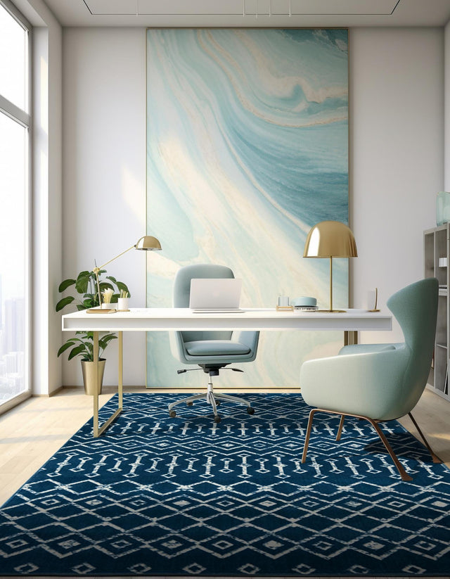 Blue 9' x 12' Moroccan Trellis Rectangle Area Rug 100% Polypropylene Easy Clean Geometric Traditional Carpet for Interior Design Home Decor for Sale at Rug Engine