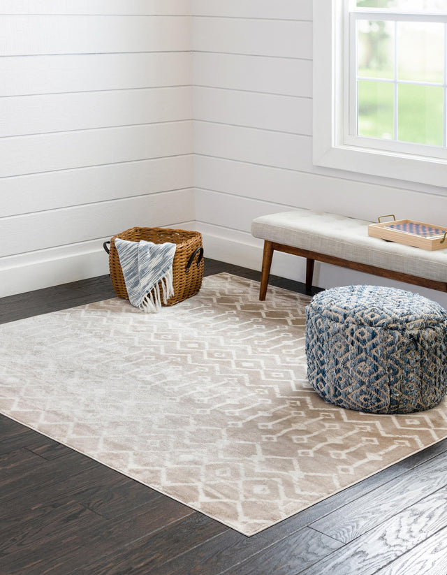 Beige 6' 1 x 6' 1 Moroccan Trellis Square Area Rug 100% Polypropylene Easy Clean Geometric Traditional Carpet for Interior Design Home Decor for Sale at Rug Engine