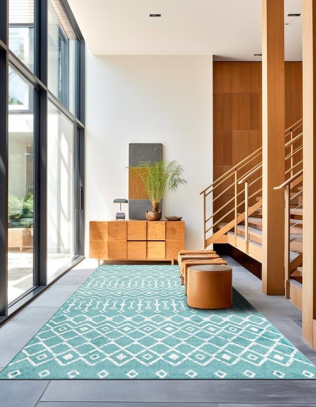Turquoise 7' 1 x 10' Moroccan Trellis Rectangle Area Rug 100% Polypropylene Easy Clean Geometric Traditional Carpet for Interior Design Home Decor for Sale at Rug Engine
