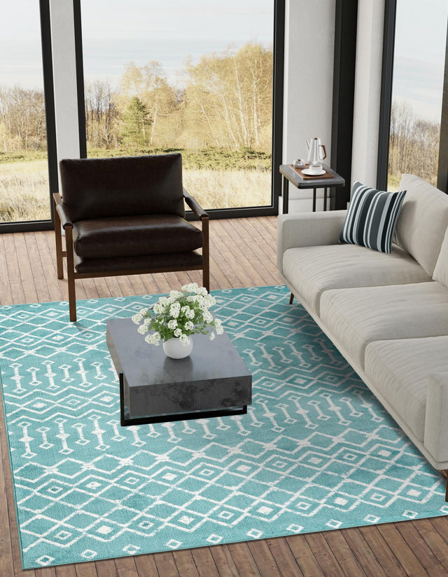 Turquoise 9' x 12' Moroccan Trellis Rectangle Area Rug 100% Polypropylene Easy Clean Geometric Traditional Carpet for Interior Design Home Decor for Sale at Rug Engine