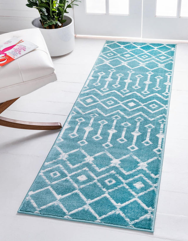 Turquoise 2' 6 x 8' 2 Moroccan Trellis Runner Area Rug 100% Polypropylene Easy Clean Geometric Traditional Carpet for Interior Design Home Decor for Sale at Rug Engine