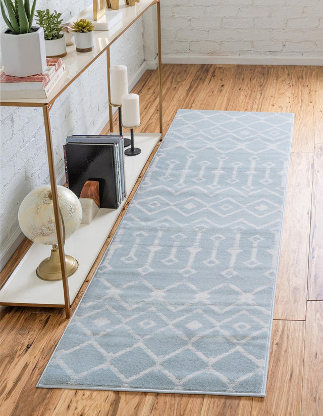 Light Blue 2' x 6' 7 Moroccan Trellis Runner Area Rug 100% Polypropylene Easy Clean Geometric Traditional Carpet for Interior Design Home Decor for Sale at Rug Engine