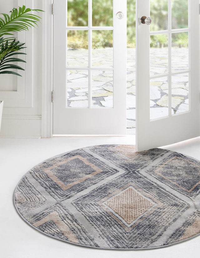 Gray Cream 4' 1 x 4' 1 Caspian Round Area Rug 60% Polypropylene & 40% Polyester With Cotton Backing Modern Chic Carpet for Home Interior Design Decorating for Sale at Rug Engine