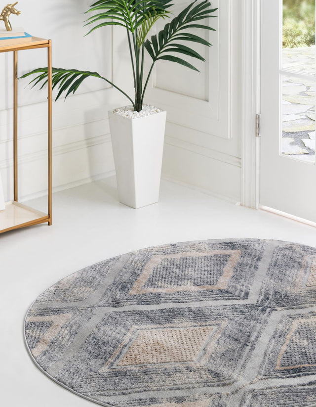 Gray Cream 4' 1 x 4' 1 Caspian Round Area Rug 60% Polypropylene & 40% Polyester With Cotton Backing Modern Chic Carpet for Home Interior Design Decorating for Sale at Rug Engine