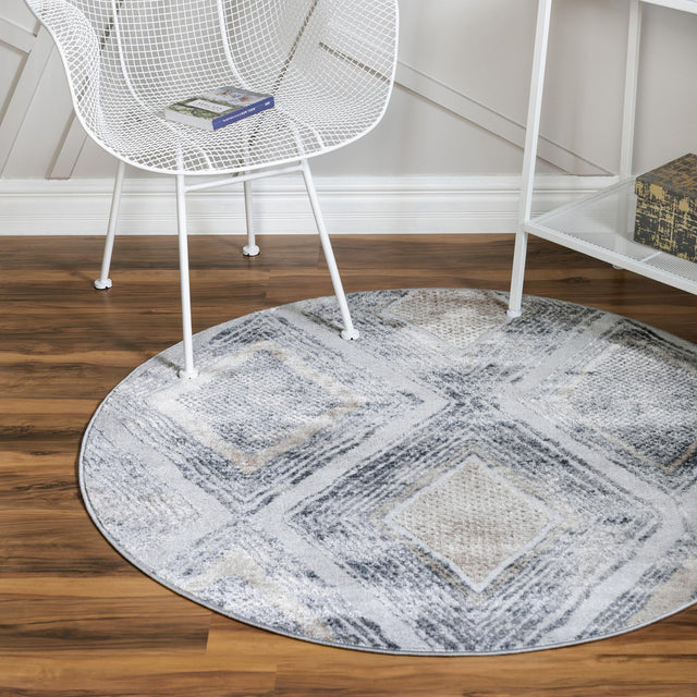 Gray Cream 4' 1 x 4' 1 Caspian Round Area Rug 60% Polypropylene & 40% Polyester With Cotton Backing Modern Chic Carpet for Home Interior Design Decorating for Sale at Rug Engine