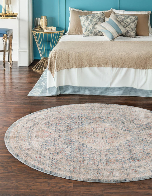 Blue 6' x 6' Noble Round Area Rug 100% Polyester Traditional Distressed Classic Contemporary Carpet for Home Decor for Sale at Rug Engine