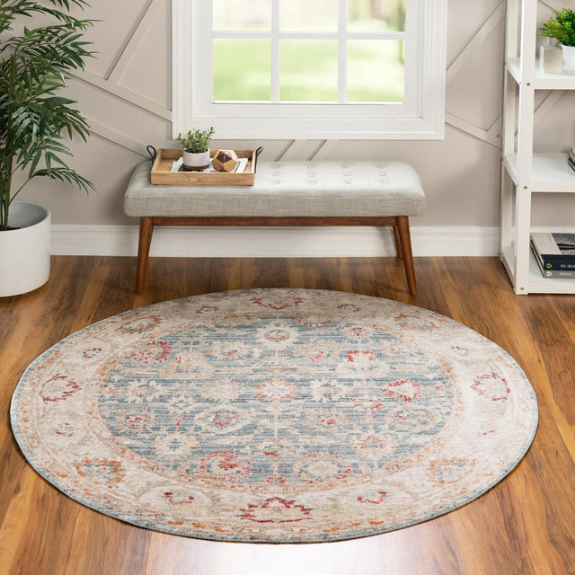 Blue 6' x 6' Noble Round Area Rug 100% Polyester Traditional Distressed Classic Contemporary Carpet for Home Decor for Sale at Rug Engine