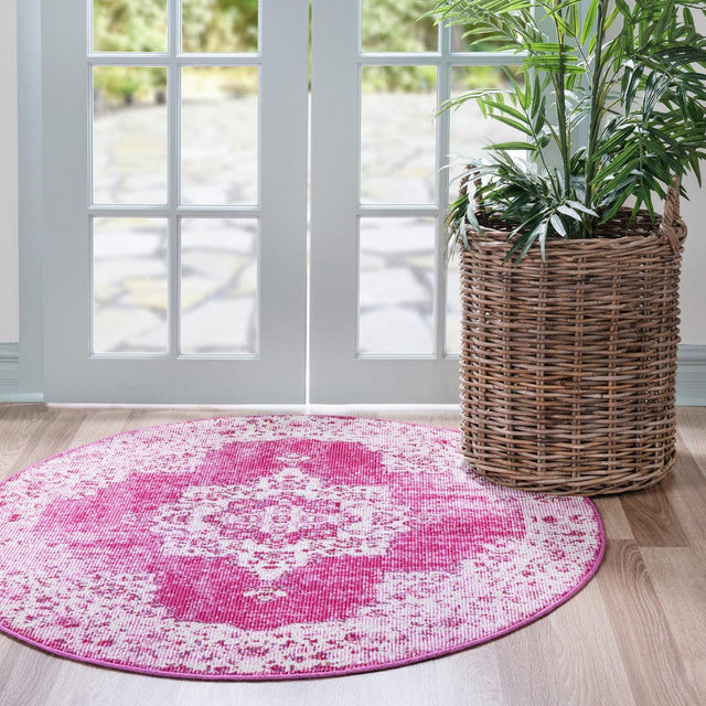 Pink 4' 1 x 4' 1 Charm Round Area Rug 100% Polypropylene With Jute Backing Traditional Vintage Distressed Look Carpet for Living Rooms Dining Office Space for Sale at Rug Engine