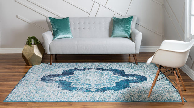 Navy Blue 4' 1 x 6' 1 Charm Rectangle Area Rug 100% Polypropylene With Jute Backing Traditional Vintage Distressed Look Carpet for Living Rooms Dining Office Space for Sale at Rug Engine