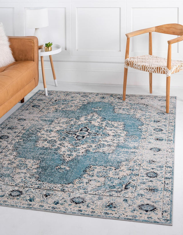 Turquoise 4' 1 x 6' 1 Charm Rectangle Area Rug 100% Polypropylene With Jute Backing Traditional Vintage Distressed Look Carpet for Living Rooms Dining Office Space for Sale at Rug Engine