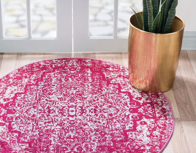 Pink 4' 1 x 4' 1 Charm Round Area Rug 100% Polypropylene With Jute Backing Traditional Vintage Distressed Look Carpet for Living Rooms Dining Office Space for Sale at Rug Engine