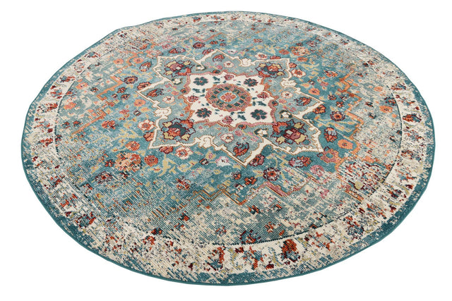 Turquoise 7' x 7' Charm Round Area Rug 100% Polypropylene With Jute Backing Traditional Vintage Distressed Look Carpet for Living Rooms Dining Office Space for Sale at Rug Engine