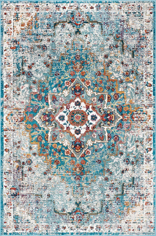 Turquoise 5' 1 x 8' Charm Rectangle Area Rug 100% Polypropylene With Jute Backing Traditional Vintage Distressed Look Carpet for Living Rooms Dining Office Space for Sale at Rug Engine