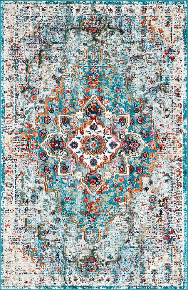 Turquoise 4' 1 x 6' 1 Charm Rectangle Area Rug 100% Polypropylene With Jute Backing Traditional Vintage Distressed Look Carpet for Living Rooms Dining Office Space for Sale at Rug Engine